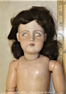 Vintage Doll: Unmarked Bisque Head Doll w/ Jointed composition body in scarlet red outfit