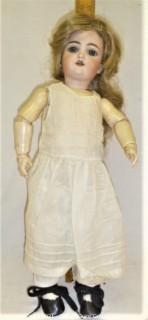 Collectible: Doll:  composition body w? German bisque head byh Handwerk 109-6  circa 1911 in red gingham dress and bonnet