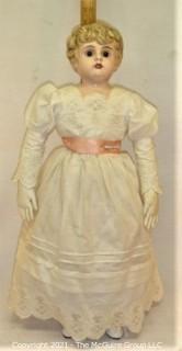 Collectible: Doll: painted German metal head and shoulder "Minerva" w/ cloth body and white lace dress