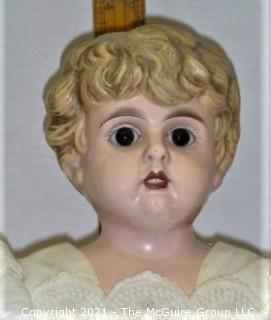 Collectible: Doll: painted German metal head and shoulder "Minerva" w/ cloth body and white lace dress