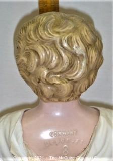 Collectible: Doll: painted German metal head and shoulder "Minerva" w/ cloth body and white lace dress