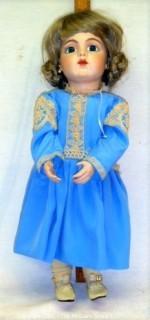 Collectible: Doll:  Bisque Doll by Bru - Jen Composition Body w/ bisqus arms  Braided Side Buns w/ blue dress and violin prop