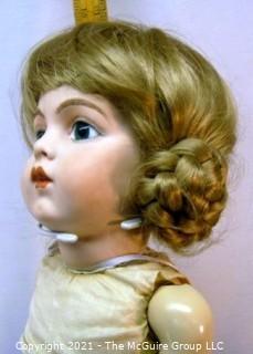 Collectible: Doll:  Bisque Doll by Bru - Jen Composition Body w/ bisqus arms  Braided Side Buns w/ blue dress and violin prop