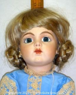 Collectible: Doll:  Bisque Doll by Bru - Jen Composition Body w/ bisqus arms  Braided Side Buns w/ blue dress and violin prop