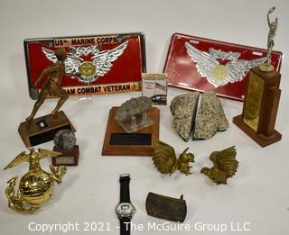 Bill Caldwell Personal Memorabilia: Marine Corp License Plates, Brass items from various trips and Rocks from Base Camp of Mt.Everest