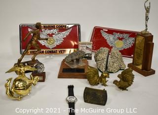 Bill Caldwell Personal Memorabilia: Marine Corp License Plates, Brass items from various trips and Rocks from Base Camp of Mt.Everest