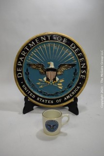 Official Fiberglass Department of Defense Emblem Podium Emblem.  Measures approximately 17"d and DOD coffee mug with named SWAT team member