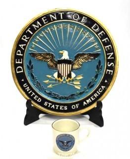 Official Fiberglass Department of Defense Emblem Podium Emblem.  Measures approximately 17"d and DOD coffee mug with named SWAT team member