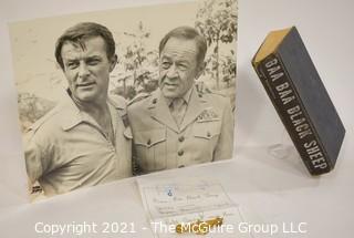 Historical, Military TV: Memorabilia: Robert Conrad and Pappy Boyington photo; book "Baa Baa Black Sheep", Flight Wings 