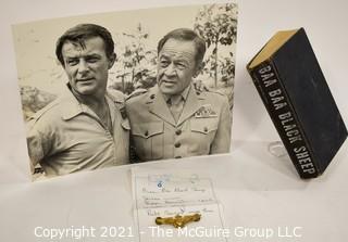 Historical, Military TV: Memorabilia: Robert Conrad and Pappy Boyington photo; book "Baa Baa Black Sheep", Flight Wings 