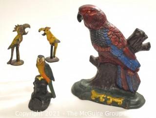 Selection of Cast Iron Tropical Bird Figurines and Door Stop.