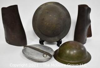 Military WWI Helmet, Toy Helmet, Mess Kit & Leather Cavalry Shin Chaps