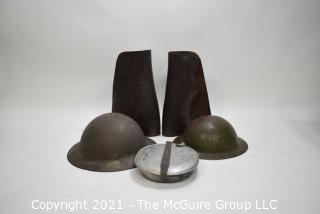 Military WWI Helmet, Toy Helmet, Mess Kit & Leather Cavalry Shin Chaps