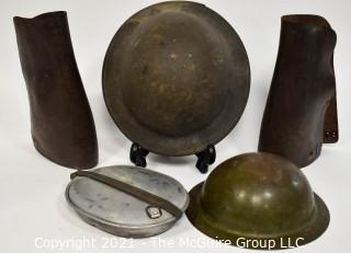 Military WWI Helmet, Toy Helmet, Mess Kit & Leather Cavalry Shin Chaps