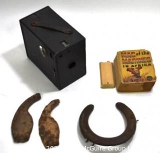 Group of Items Includes Box Camera, Mini Book "Mac of the Marines - In Africa", Horseshoe bits