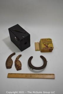 Group of Items Includes Box Camera, Mini Book "Mac of the Marines - In Africa", Horseshoe bits