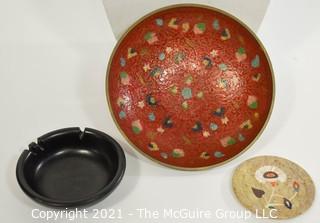 Artistic grouping: Enameled Plate; stone inlay saucer; vintage ash tray - The Pinnacles (Illinois?) 