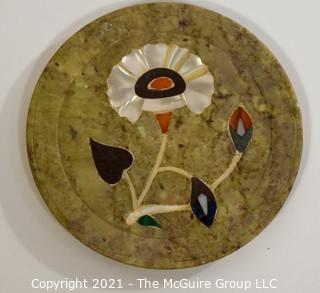 Artistic grouping: Enameled Plate; stone inlay saucer; vintage ash tray - The Pinnacles (Illinois?) 