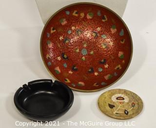 Artistic grouping: Enameled Plate; stone inlay saucer; vintage ash tray - The Pinnacles (Illinois?) 