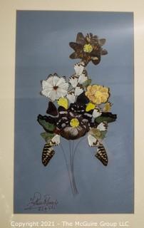 Framed Underglass Bouquet of Flowers Made of Butterly Wings, Signed by Artist. 