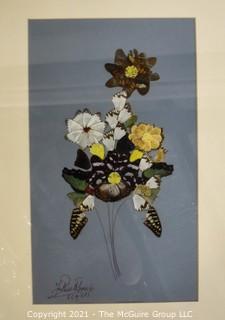 Framed Underglass Bouquet of Flowers Made of Butterly Wings, Signed by Artist. 