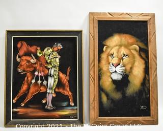 Two (2) Vintage Original Velvet Oil Paintings of Matador (19" x 16") & Lion (14" x23").