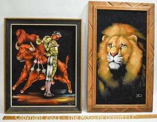 Two (2) Vintage Original Velvet Oil Paintings of Matador (19" x 16") & Lion (14" x23").