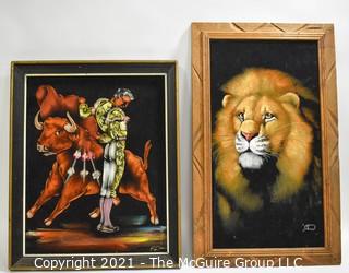 Two (2) Vintage Original Velvet Oil Paintings of Matador (19" x 16") & Lion (14" x23").