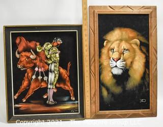 Two (2) Vintage Original Velvet Oil Paintings of Matador (19" x 16") & Lion (14" x23").