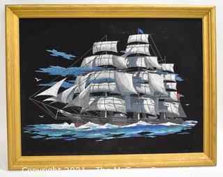 Vintage Original Black Velvet Oil Painting of Sailing Ship at Sea.  Measures approximately 27" x 21".