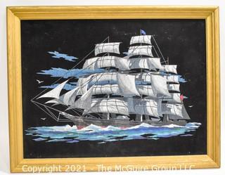 Vintage Original Black Velvet Oil Painting of Sailing Ship at Sea.  Measures approximately 27" x 21".