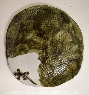 Hand Thrown Artisan Made Pottery Platter with Applied Salamander, signed by Artist.  Measures approximately 14" in diameter.