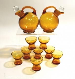 Set of Two (2) Cambridge Glass Golden Amber Lodge Barware Ball Tilt Pitchers with Clear Stopper & 7 Matching Pedestal Cordial Glasses.