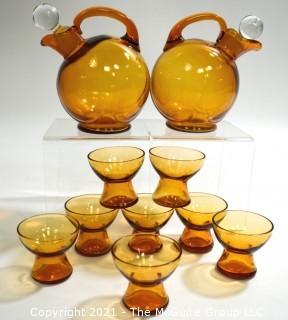 Set of Two (2) Cambridge Glass Golden Amber Lodge Barware Ball Tilt Pitchers with Clear Stopper & 7 Matching Pedestal Cordial Glasses.