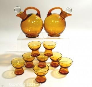 Set of Two (2) Cambridge Glass Golden Amber Lodge Barware Ball Tilt Pitchers with Clear Stopper & 7 Matching Pedestal Cordial Glasses.