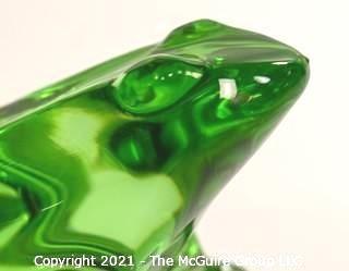 Baccarat Green Crystal Frog Figurine Paperweight.  Measures approximately 2 5/8 inches tall & about 4 1/4 inches long