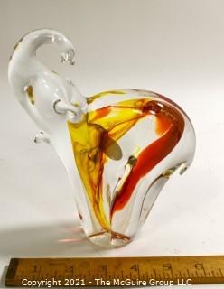 Hand Blown Murano Glass Elephant in Amber & Gold, Made in Italy.  Measures approximately 8" x 6".