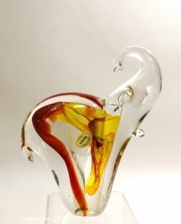 Hand Blown Murano Glass Elephant in Amber & Gold, Made in Italy.  Measures approximately 8" x 6".