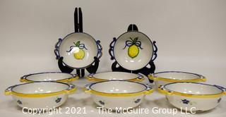 Set of Eight (8) Vestal Alcobaca Decorative Bowls, Handmade in Portugal with Double Handles and Hand Painted Decoration. 