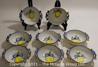 Set of Eight (8) Vestal Alcobaca Decorative Bowls, Handmade in Portugal with Double Handles and Hand Painted Decoration. 