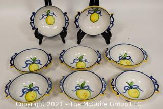 Set of Eight (8) Vestal Alcobaca Decorative Bowls, Handmade in Portugal with Double Handles and Hand Painted Decoration. 