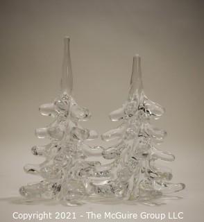 Set of Two (2) Vintage F.M.Ronneby Marcolin Crystal Art Glass Christmas Trees, Signed Sweden 