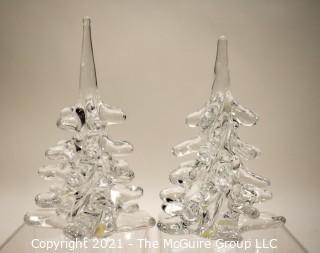 Set of Two (2) Vintage F.M.Ronneby Marcolin Crystal Art Glass Christmas Trees, Signed Sweden 