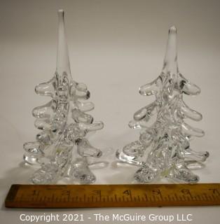 Set of Two (2) Vintage F.M.Ronneby Marcolin Crystal Art Glass Christmas Trees, Signed Sweden 