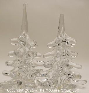 Set of Two (2) Vintage F.M.Ronneby Marcolin Crystal Art Glass Christmas Trees, Signed Sweden 