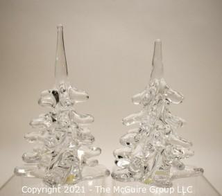 Set of Two (2) Vintage F.M.Ronneby Marcolin Crystal Art Glass Christmas Trees, Signed Sweden 