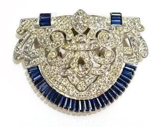 Vintage Edwardian Clear & Blue Rhinestone Brooch or Clip.  Measures approximately 3" x 2".
