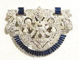 Vintage Edwardian Clear & Blue Rhinestone Brooch or Clip.  Measures approximately 3" x 2".
