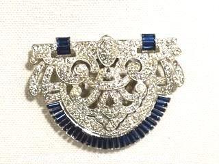 Vintage Edwardian Clear & Blue Rhinestone Brooch or Clip.  Measures approximately 3" x 2".
