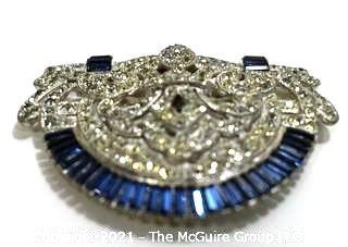 Vintage Edwardian Clear & Blue Rhinestone Brooch or Clip.  Measures approximately 3" x 2".
